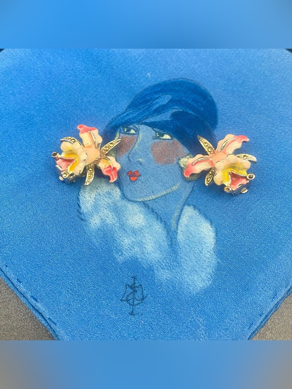 1950s Enamel And Marcasite Orchid Clip-On Earrings